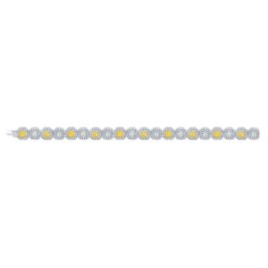 Designer halo bracelet in 18K WG with alternating fancy yellow and white cushion cut centers & pave set round diamonds.  D13.60ct.t.w.